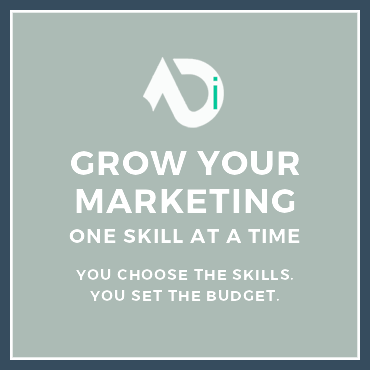 Hero text graphic, boxed headline: GROW YOUR MARKETING ONE SKILL AT A TIME. YOU CHOOSE THE SKILLS. YOU SET THE BUDGET.