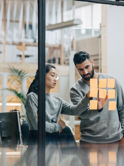 Business Services: business team planning with sticky notes in a bright office