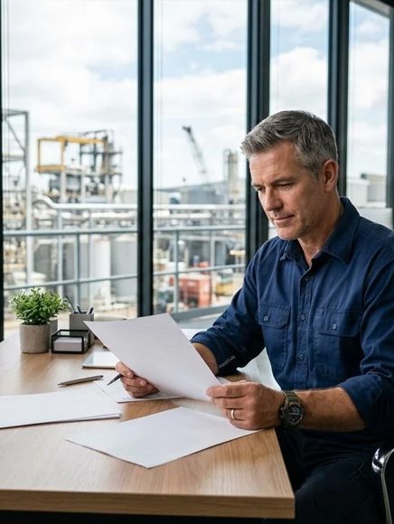Financing and Funding: business owner reviewing funding paperwork in an office