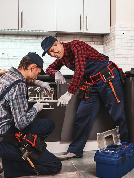 Home Services: two technicians repairing a kitchen appliance in a home