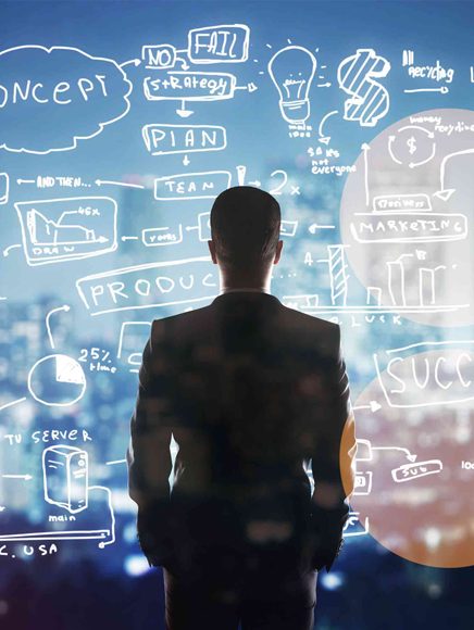 Professional Services: consultant looking at a wall of business plan sketches